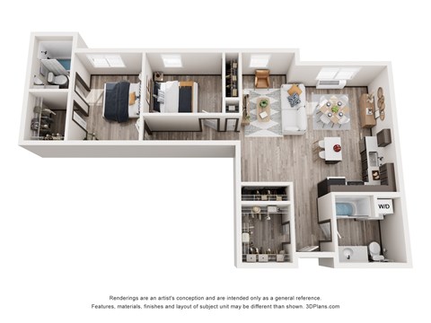 Floor plan for 2 beds, 2 baths, 1038 sqft